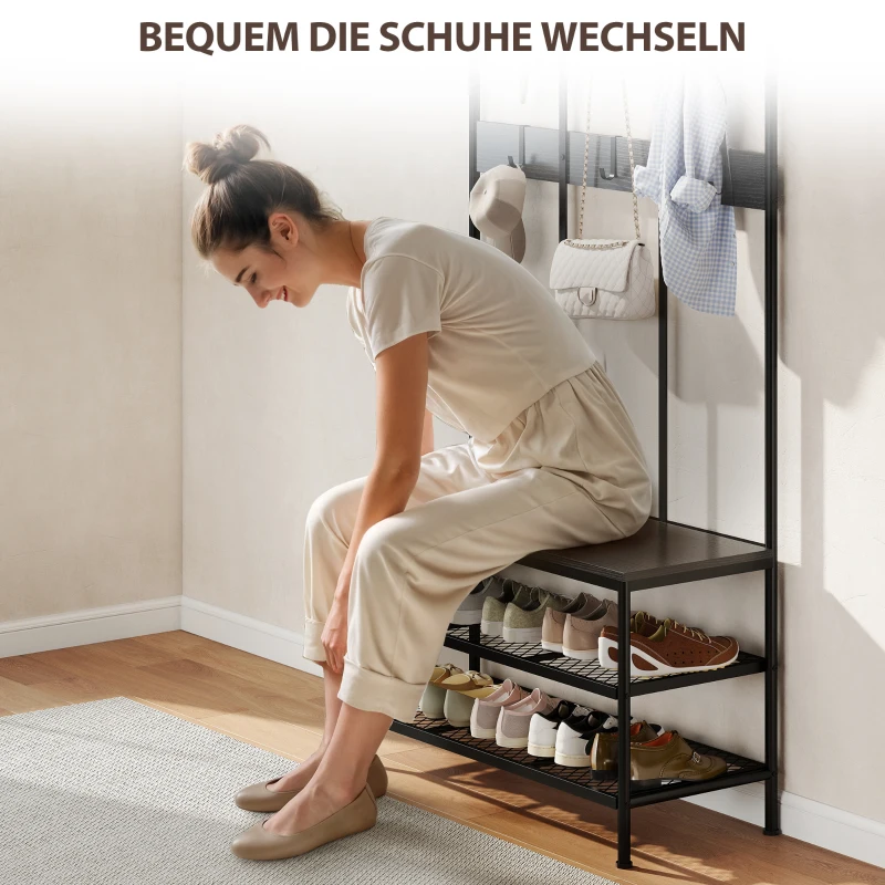 HOMCOM 3-in-1 kapstok met haken, bankje en schoenrek, metaal & spaanplaat, zwart
