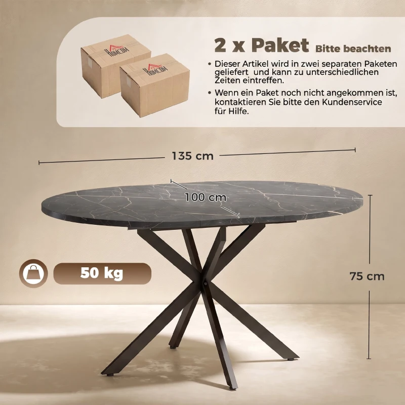 HOMCOM Uitschuifbare eettafel voor 4-6 personen, industriële keukentafel met X-vormige stalen poten, zwart
