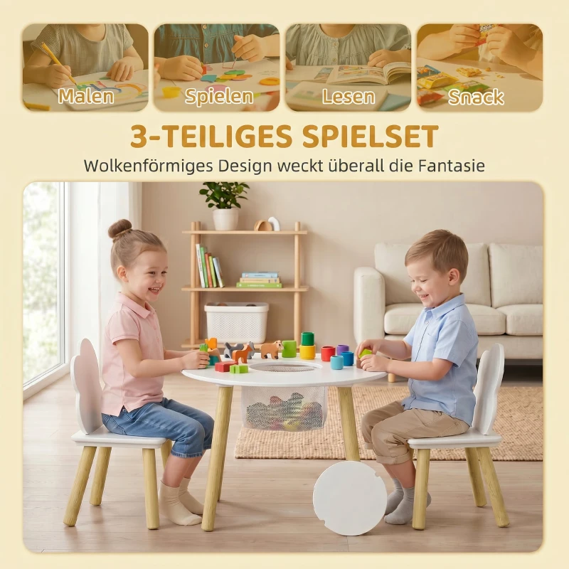 AIYAPLAY Kindertisch mit Stühlen und Aufbewahrung, 3-teiliges Kinder-Möbelset in Weiß und Natur für Spielzimmer und Kinderzimmer