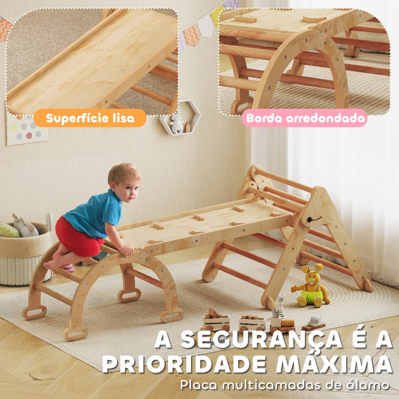 AIYAPLAY Triângulo de Escalada 7 em 1 com Arco e Rampa Escalada para Crianças de Madeira Dobrável para 18-48 Meses 188x70 cm Madeira