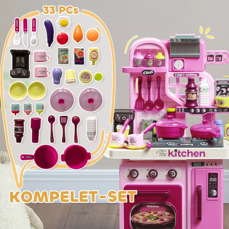 AIYAPLAY Speelkeuken, 33-delig Set, Licht- & Geluidseffecten, voor Kinderen 3-6 Jaar, Roze(m-7)