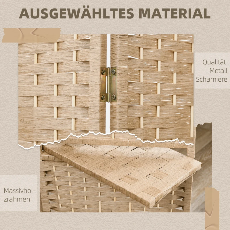 HOMCOM 4-teiliger Paravent, 160 x 170 cm, faltbare Trennwand mit 2 Regalen, Naturholz