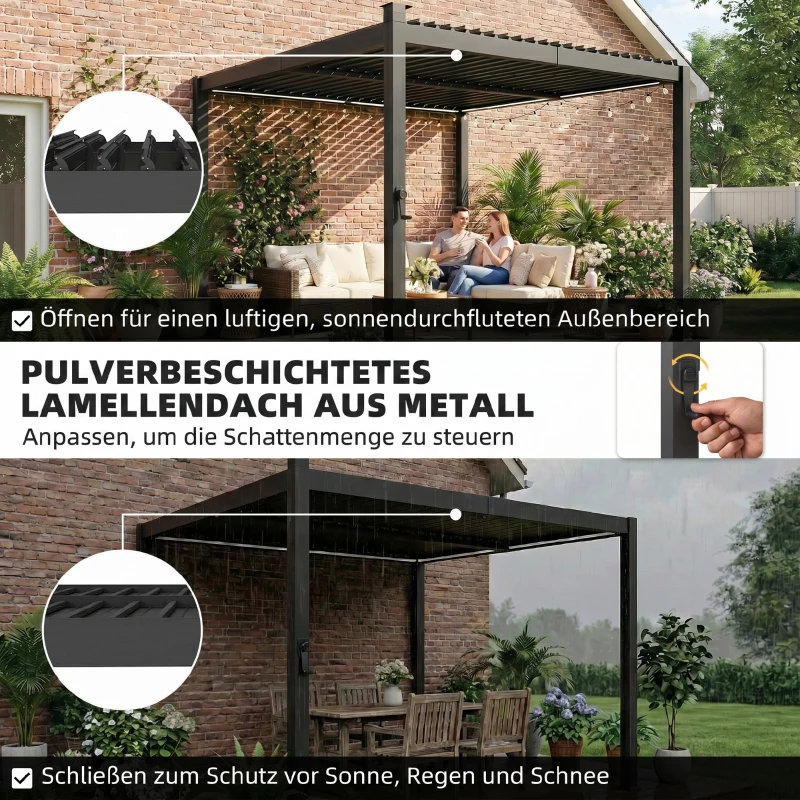 Outsunny Pergola 3 x 3 m Terrassenüberdachung mit Solar LED-Beleuchtung verstellbar Lamellendach Kurbelgriff Entwässerungsrinnen