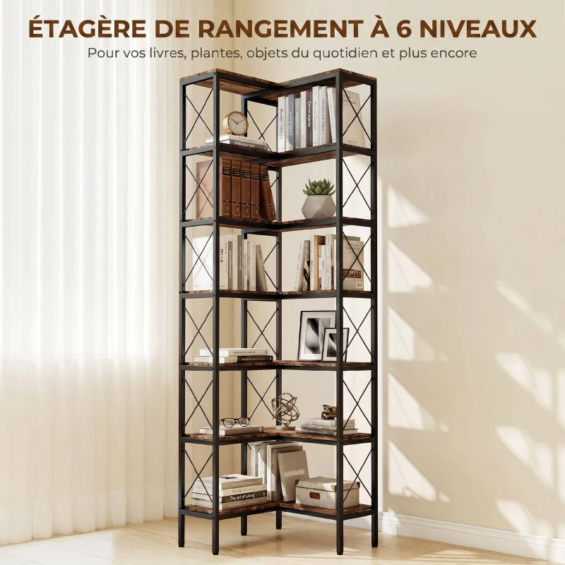 HOMCOM Bibliothèque d'angle à 6 niveaux, meuble de rangement en métal pour salon, chambre, bureau, 60x60x200cm, brun rustique