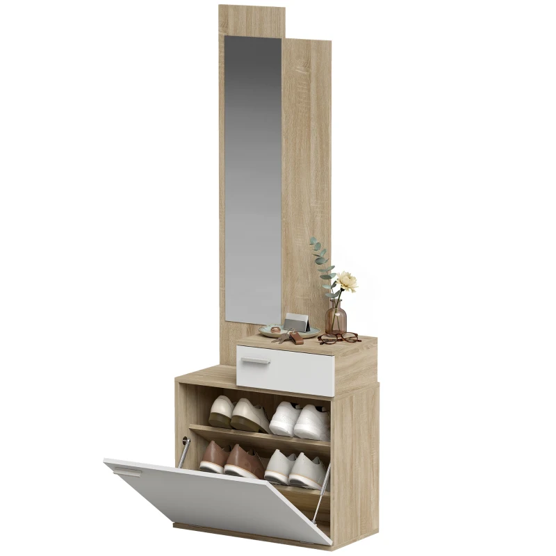 HOMCOM Recibidor de Entrada con Espejo Zapatero Abatible Cajón Mesa Pequeña 61x30x170 cm Blanco