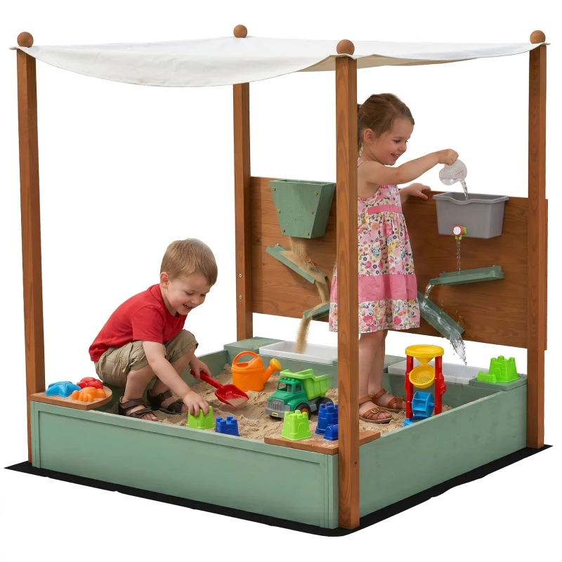 AIYAPLAY Sandkasten mit Sonnendach für Kinder, 2 Aufbewahrungsbehälter, 116L x 112,5B x 128H cm, Tannenholz, Kunststoff, Grün