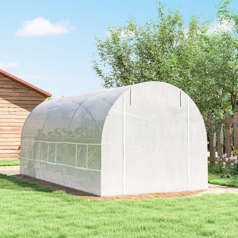 Outsunny Serre tunnel de jardin 9m², serre de jardin tunnel avec porte et 6 fenêtres, bâche PE 140 g/m² 445 x 200 x 200 cm blanc