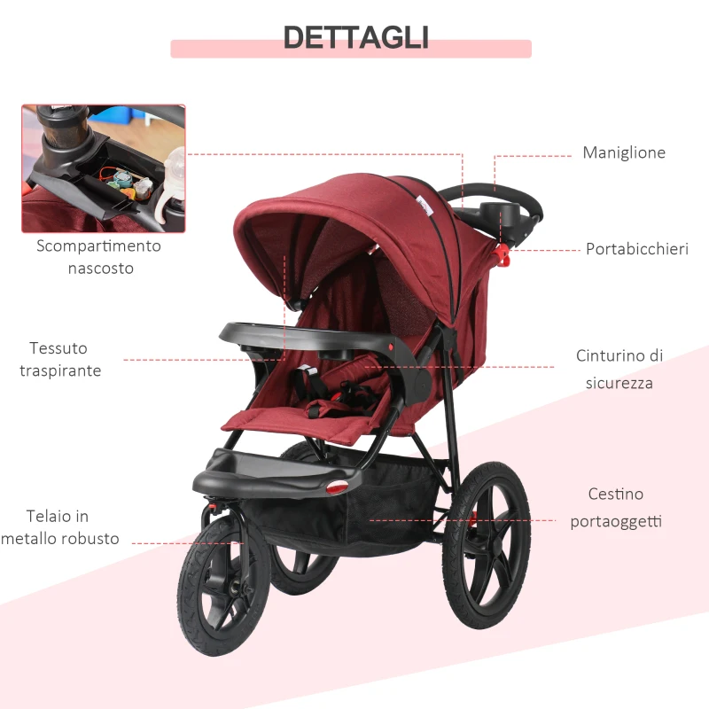 HOMCOM Triciclo Leggero Reclinabile e Pieghevole, Carrozzina per Bambini 6-36 Mesi Fino a 15kg con Portabicchieri, Rosso