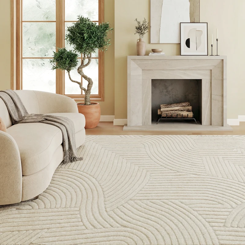 HOMCOM Tapis salon 200 x 140 cm, tapis à poils épais géométrique, moelleux et antidérapant, crème