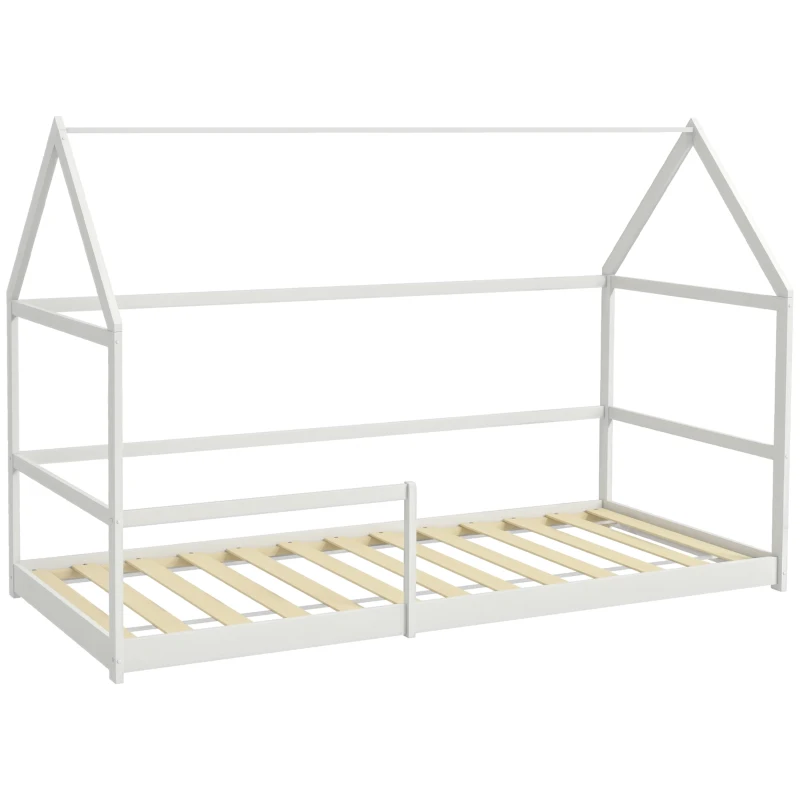 AIYAPLAY Pat pentru copii în formă de căsuță, cu bariere de protecție, vârsta 3-8 ani, 196x97,5x135cm, alb