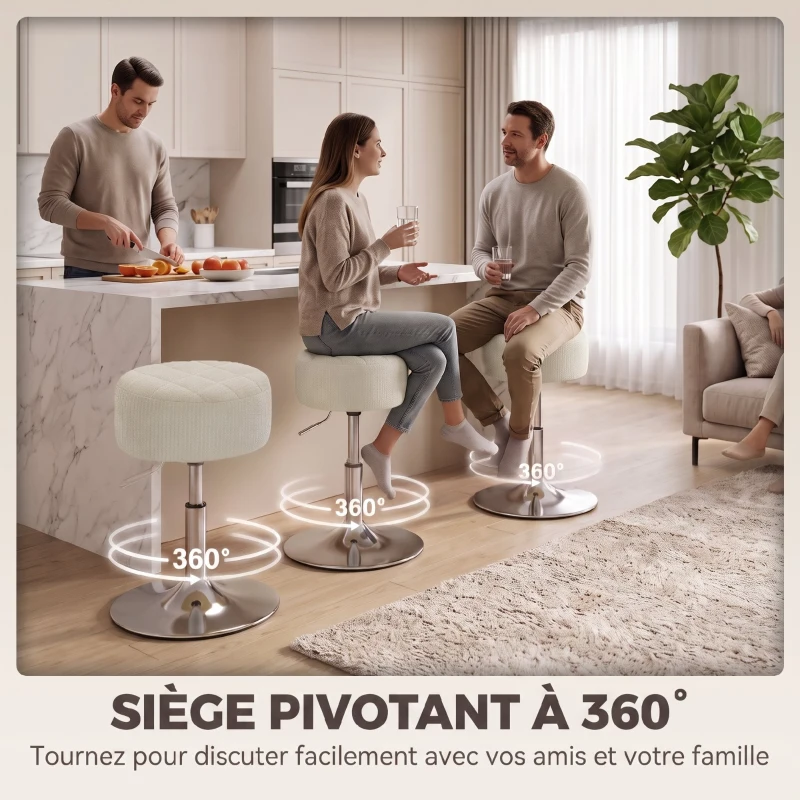 HOMCOM Tabouret de coiffeuse en chenille, tabouret de maquillage pivotant, tabouret de bar réglable en hauteur 51-66 cm, crème