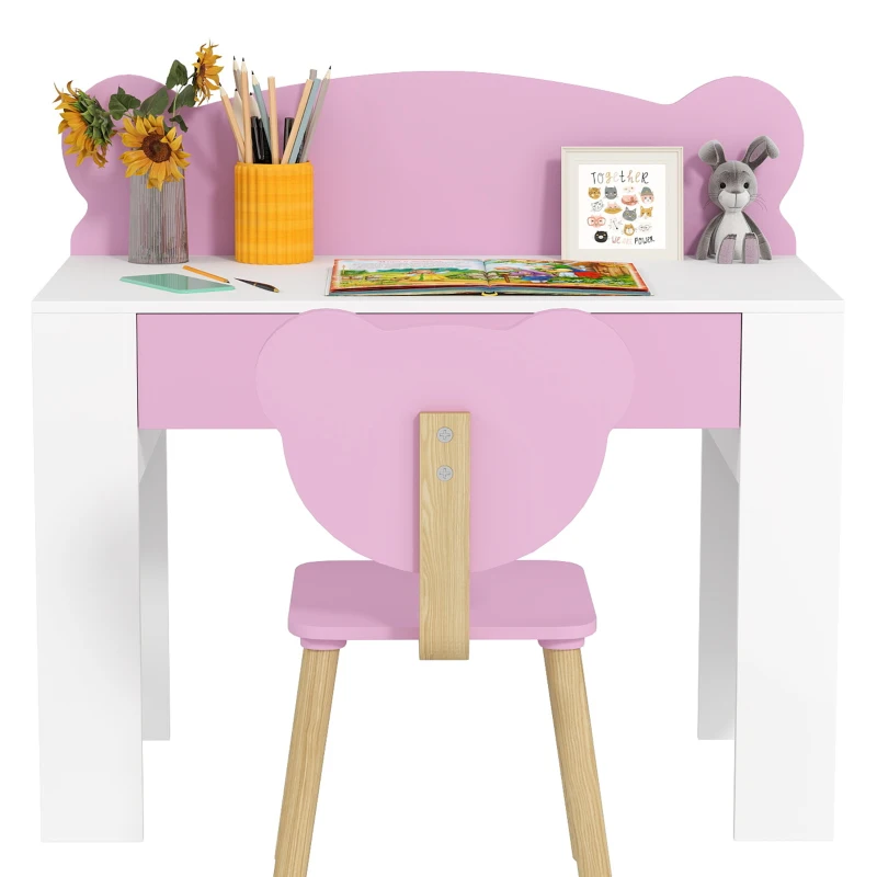 AIYAPLAY Kids Desk and Chair Set with Drawer for Drawing, Reading, Bear Theme Children Furniture for Bedroom, Daycare, Pink