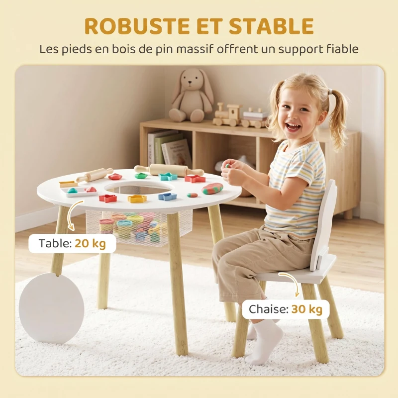 AIYAPLAY Table enfant avec chaise, ensemble table et 2 chaises en bois avec sac de rangement pour dessiner, jouer, étudier, blanc