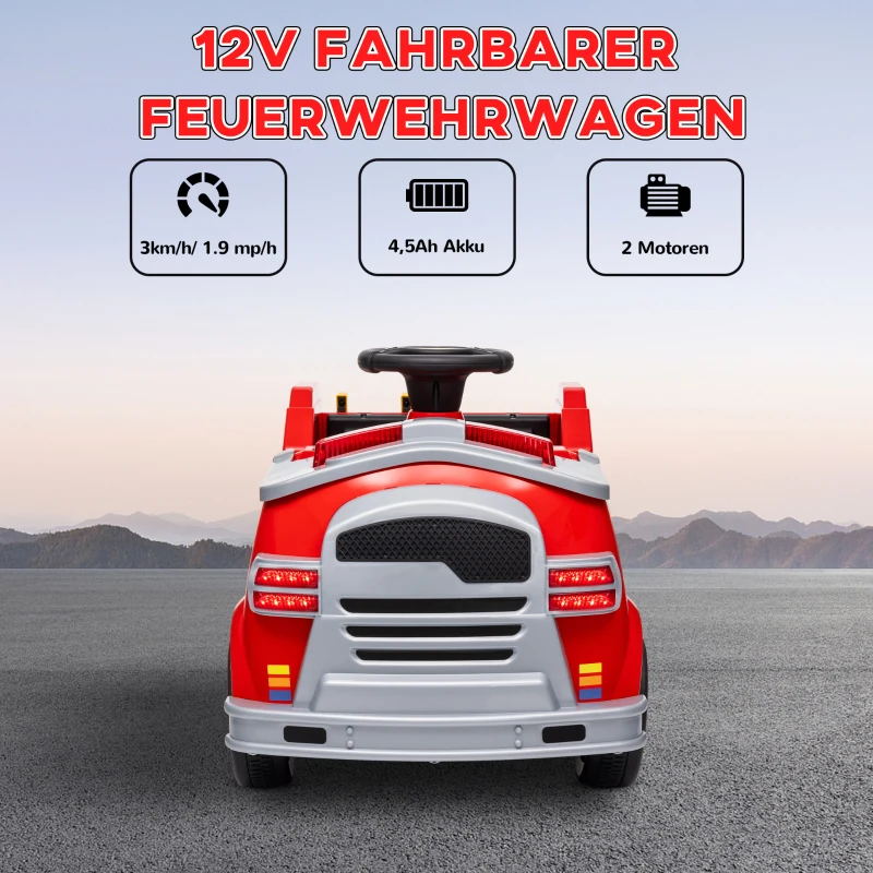AIYAPLAY Elektrische Kinderauto 12V met Claxon, Muziek, Sirene, Zwaailicht, Voertuig met Koplampen, Zachte Start, Brandweerauto voor 3-5 jaar, 3 km/u, Rood(m-7)