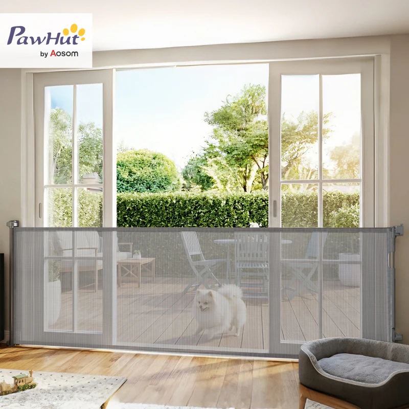 PawHut Retractable Dog Gate, Extends to 300 cm Wide & 104 cm Tall, Mesh Pet Gate Single Hand Operation, for Stairs Doorways