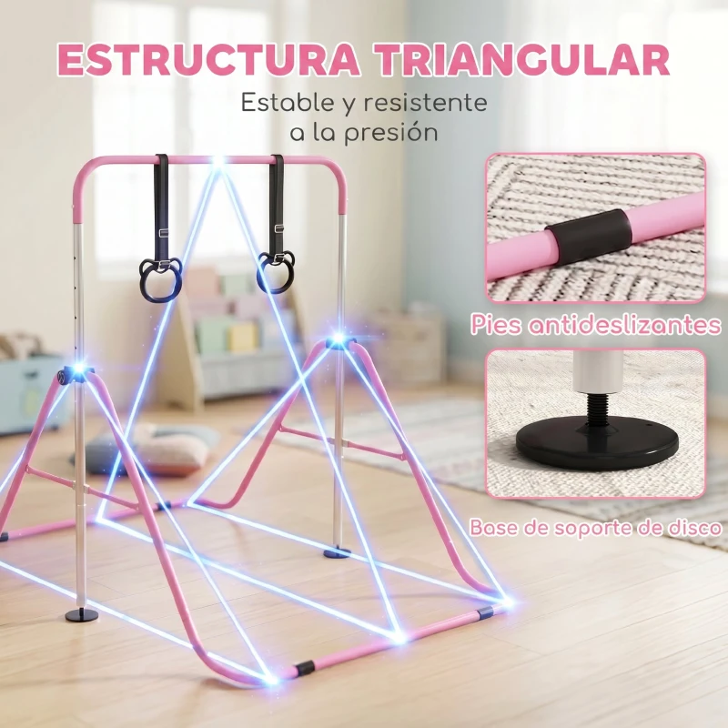 HOMCOM Barra de Gimnasia para Niños con Altura Ajustable en 5 Niveles y Anillos Entrenamiento de Gimnasia Plegable en Casa Rosa