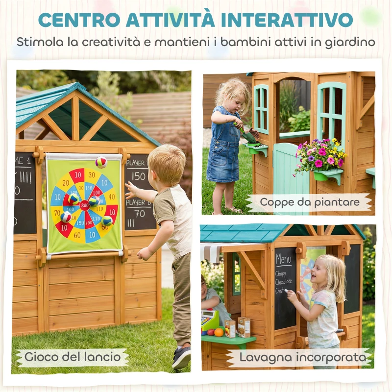 AIYAPLAY Casetta da Giardino per Bambini Finestra, Snack Bar, Mezza Porta, Portavasi, Telo Bersaglio, 4 Palline, Lavagna