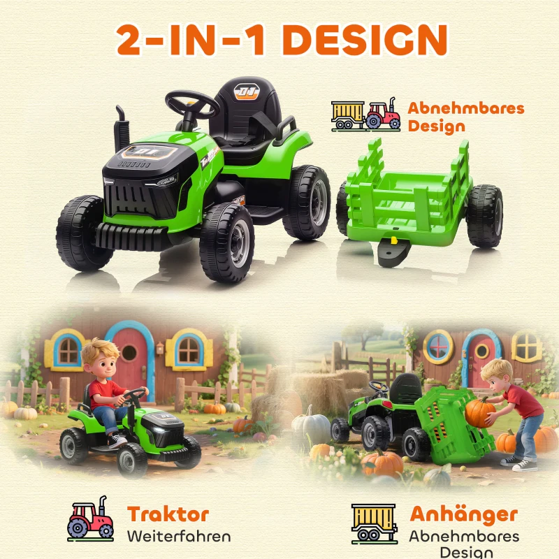 AIYAPLAY Elektrische Kindertraktor, Oprij-Traktor met Afstandsbediening, Zachte Start, voor Kinderen in de leeftijd van 3-8 Jaar, Groen