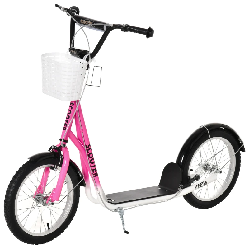 HOMCOM Kids Scooter, Kick Stunt Scooter with Adjustable Handlebar, Dual Brakes, Basket, Cupholder, Mudguard, 16" Inflatable Rubber Wheels, for 5-12 years, Pink