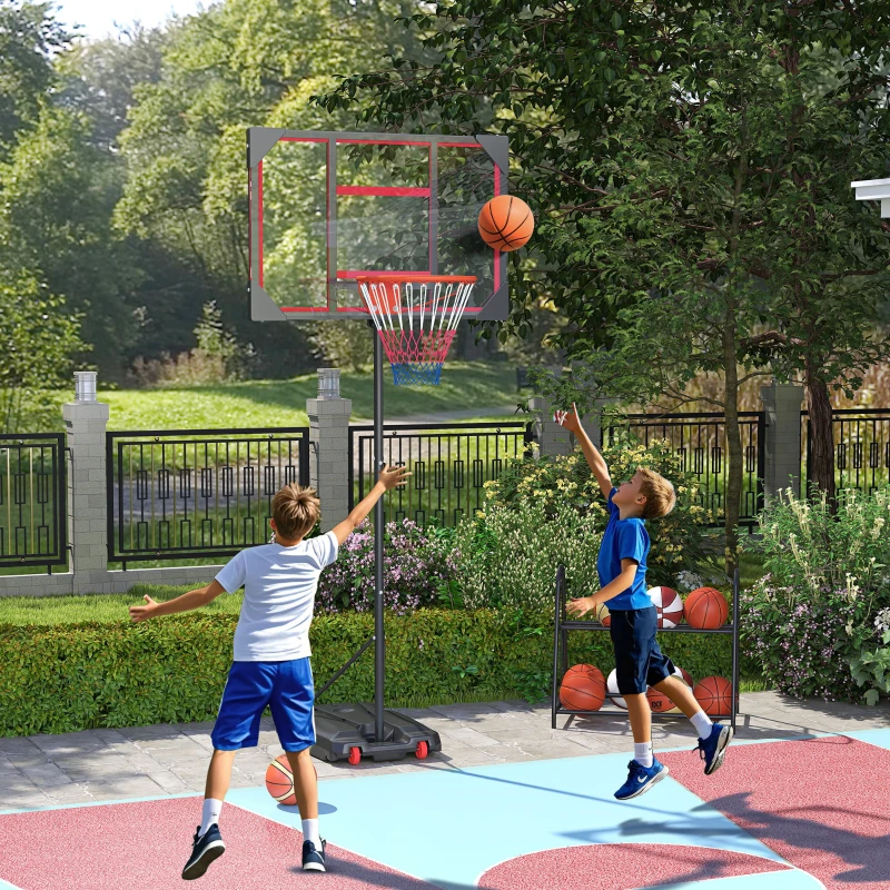 AIYAPLAY Kinder-basketbalring, outdoor basketbalring voor kinderen, in hoogte verstelbaar 210-260 cm, met wielen, vanaf 6 jaar, Rood