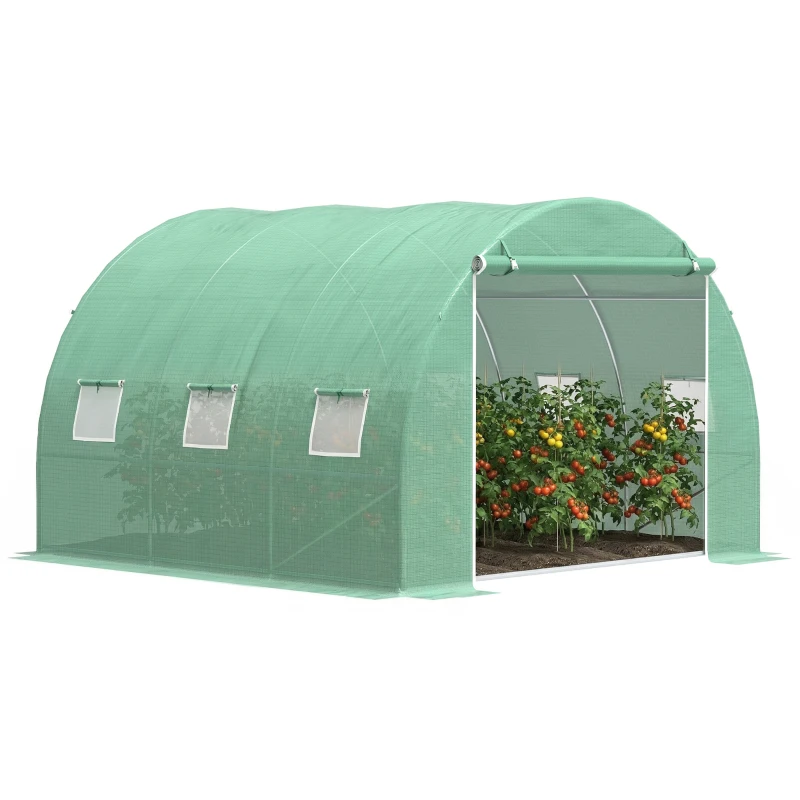 Outsunny Serre de jardin 9 m² serre tunnel de jardin 3 x 3 x 2 m avec porte enroulable et 6 fenêtres en maille en acier PE vert