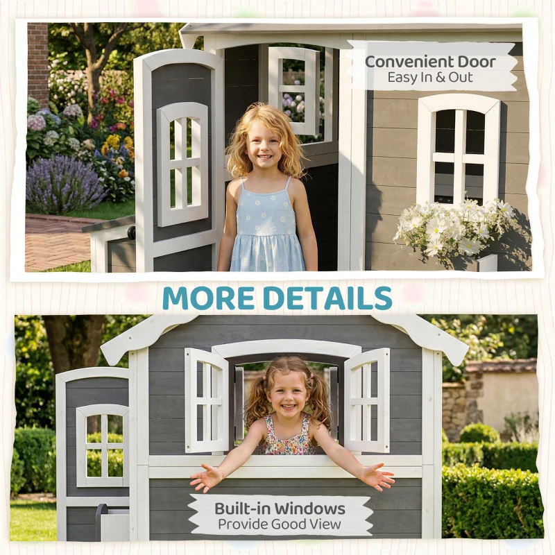 Outsunny Wooden Playhouse for Kids with Doors, Windows, Plant Box, Floors, for Ages 3-8 Years, for Gardens, Lawns, Patios - Grey