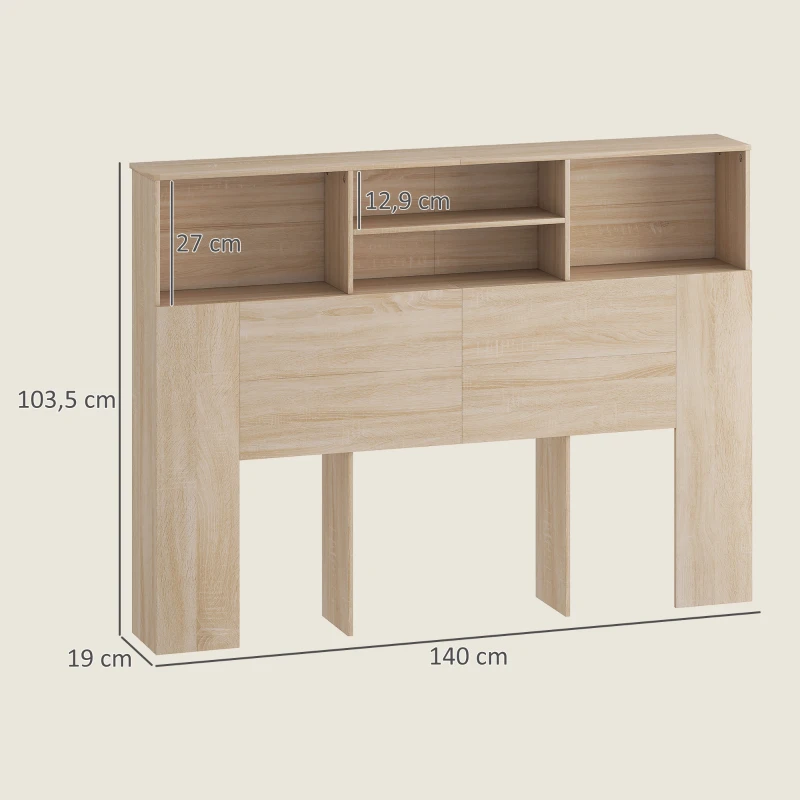 HOMCOM Tête de lit sur pied avec rangements, accessoire de lit 4 compartiments ouverts, 140 x 19 x 103,5 cm, effet bois naturel