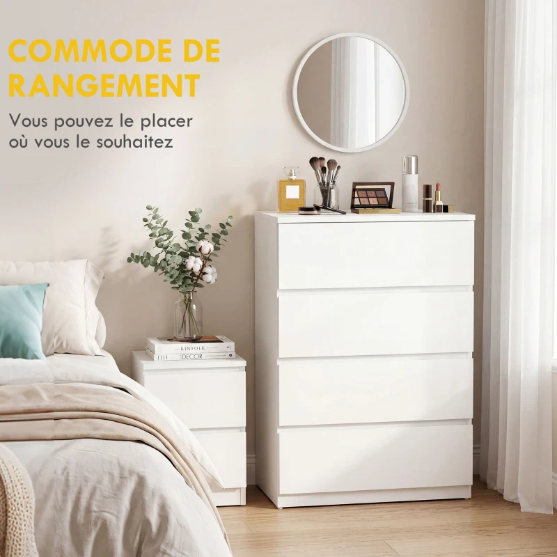 HOMCOM Commode 4 tiroirs meuble de rangement sans poignées design minimaliste 60 x 40 x 80 cm blanc