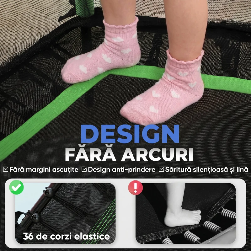 HOMCOM Trambulină Elastică pentru Copii 3-10 Ani cu Intrare cu Fermoar și Stâlpi Căptușiți, 122 x 111 x 190 cm, Verde