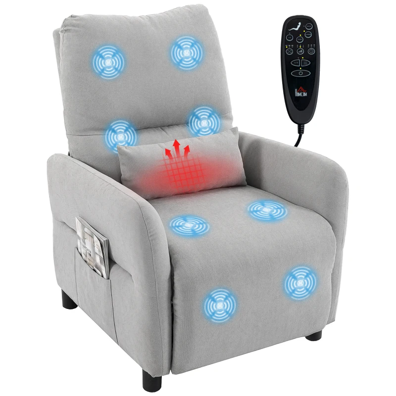 HOMCOM Fauteuil Inclinable de Massage par Vibration et Chauffage, Fauteuil de Relaxation en Tissu Éponge Bouclé, Gris