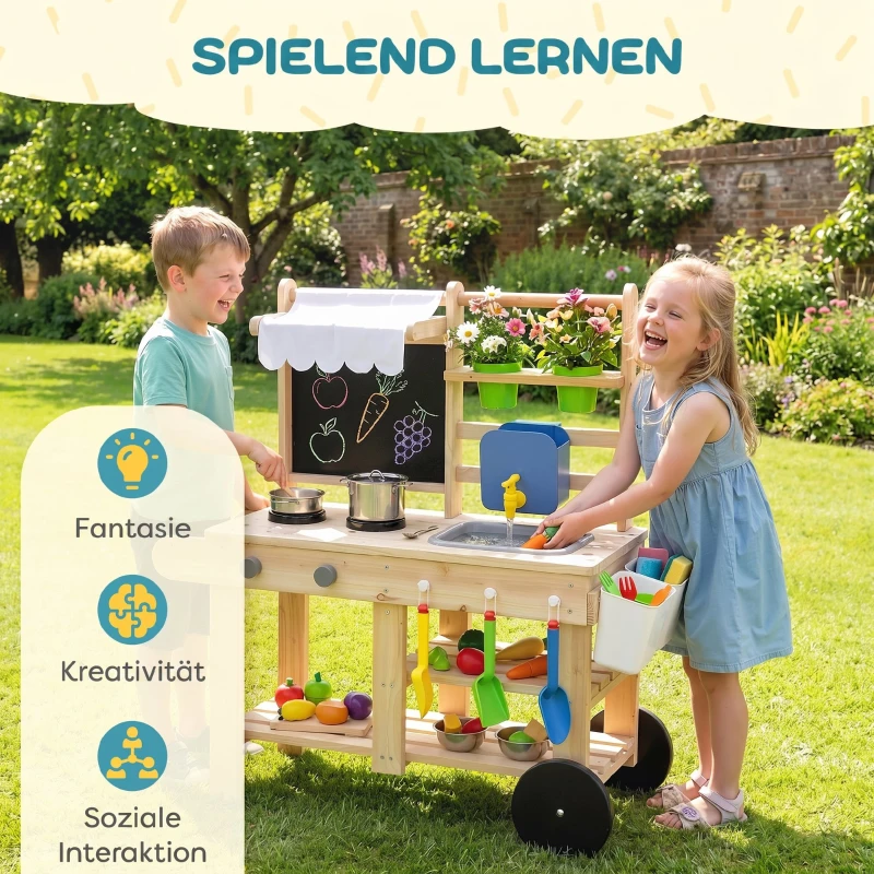 AIYAPLAY Matschküche Kinder Outdoor, Spielküche aus Holz mit echtem Wasserhahn, Spüle, Herd, Ablagefach, Wassertank, Naturholz