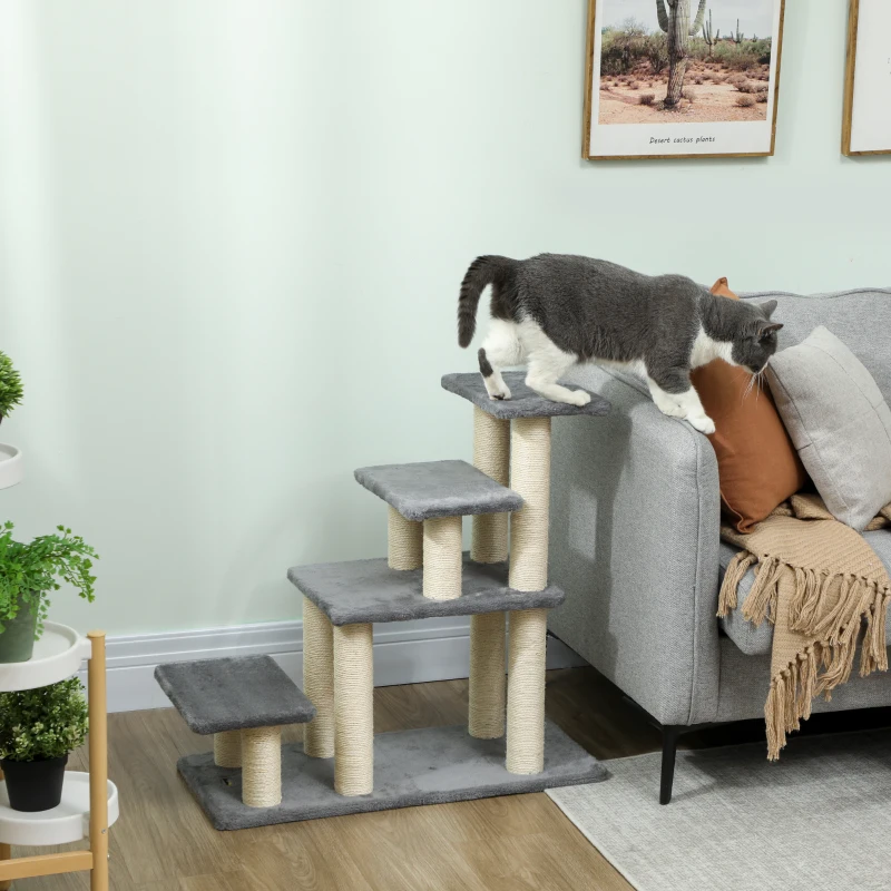 PawHut Escalier pour animaux domestiques réglable 3/4 marches échelle pour chat chien griffoirs sisal 70 x 32 x 68 cm gris