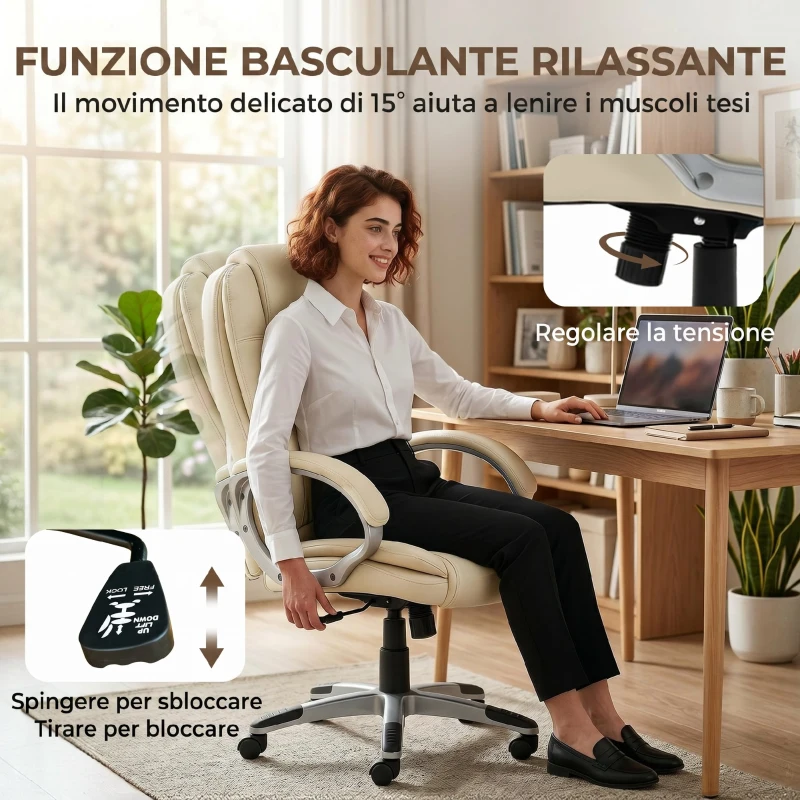 HOMCOM Sedia da Ufficio Girevole in Pelle PU con Dondolo, Schienale Alto e Altezza Regolabile, Beige
