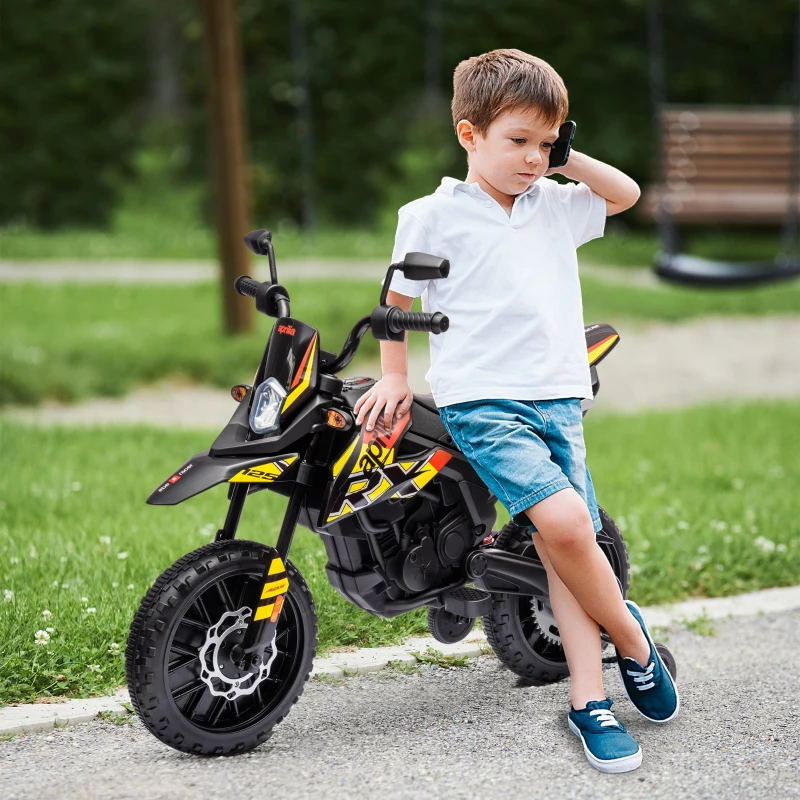 AIYAPLAY Moto électrique enfants sous licence Aprilia avec 2 moteurs 12V, roues d'entraînement, lumière LED, musique - jaune