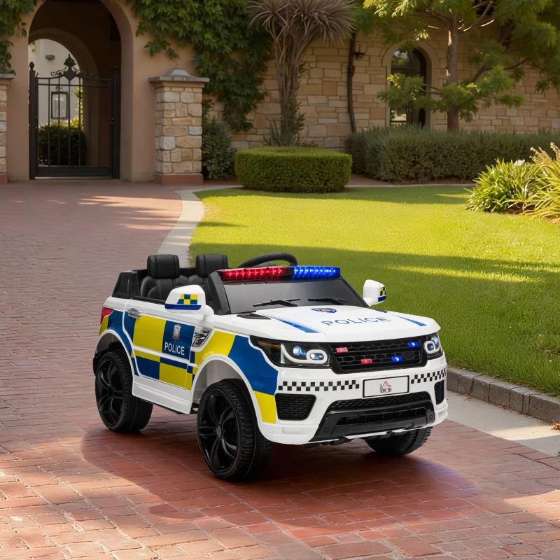 HOMCOM Macchina Elettrica per Bambini della Polizia, 12V Auto Elettrica per Bambini con Telecomando, Sirena Luci Attacco USB per Musica, 110x68x52cm, Bianco