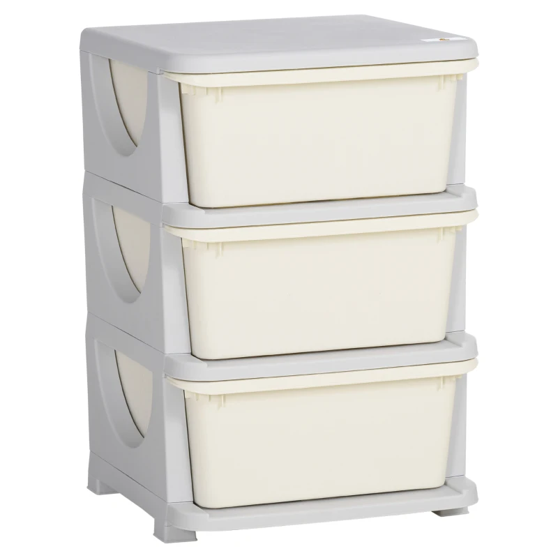 HOMCOM Aufbewahrungsboxen für Kinder, 3 große Schubladen, runde Kanten, Kunststoff, 37x37x56,5 cm, Cremeweiß