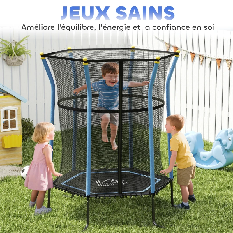 HOMCOM Trampoline pour enfant 1,22 x 1,11 x 1,9 m filet de sécurité porte zippée 6 poteaux rembourrés inclus bleu noir