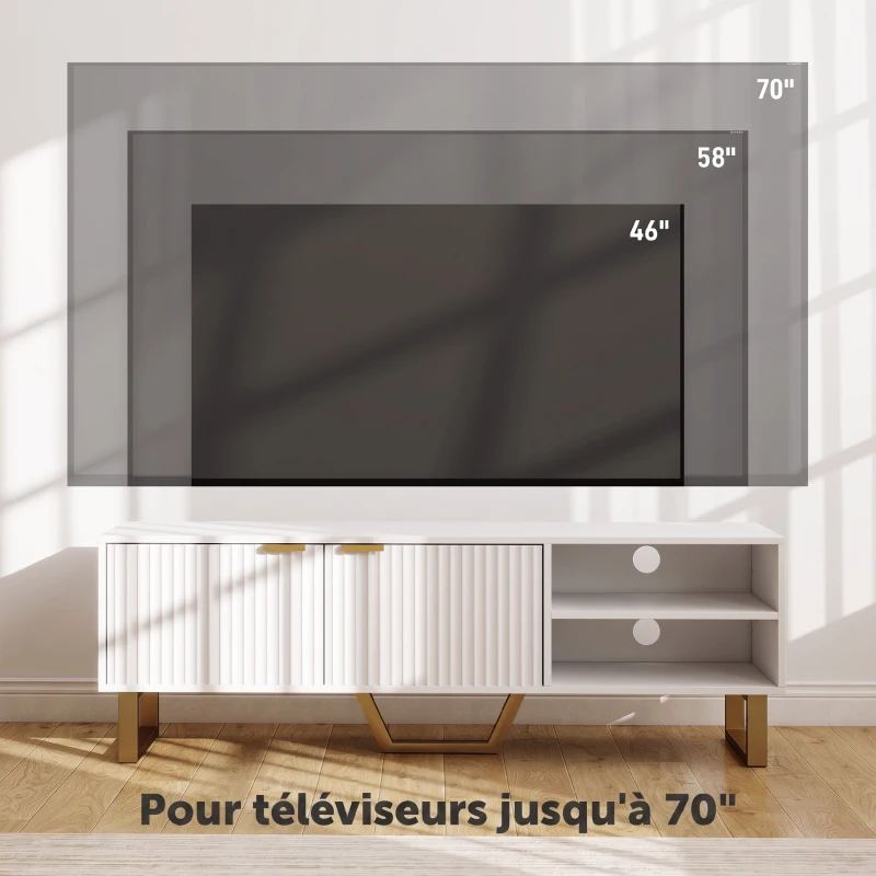 HOMCOM Meuble TV banc TV pour téléviseur jusqu'à 70 pouces - placard à 2 portes cannelées, compartiment ouvert et passe-câbles