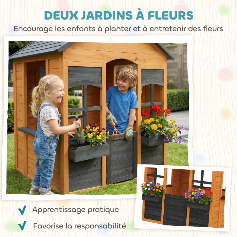 AIYAPLAY Cabane enfant extérieur en bois, maison enfant extérieure, demi-porte, fenêtres, bacs à fleurs, 3-8 ans, marron clair