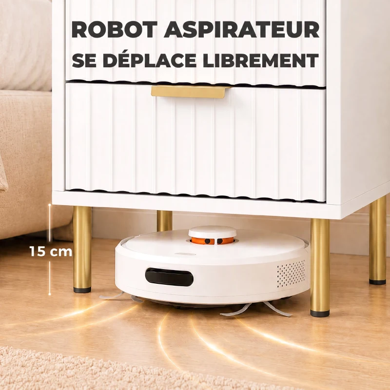 HOMCOM Table de chevet, table de nuit cannelée avec 2 tiroirs et pieds en acier, pour chambre à coucher, salon, blanc