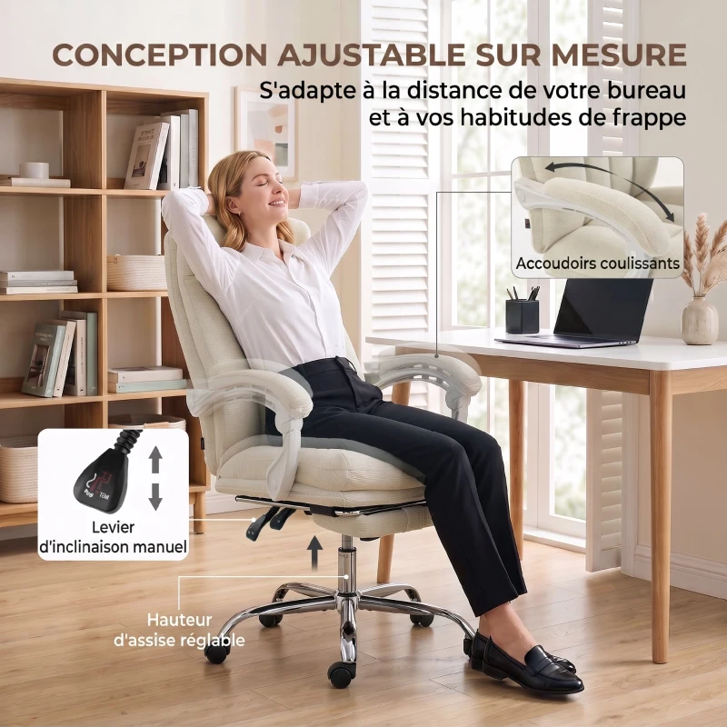HOMCOM Chaise Bureau Ergonomique, Fauteuil de Bureau Inclinable en Chenille, Hauteur Réglable, Repose-Pieds, Crème