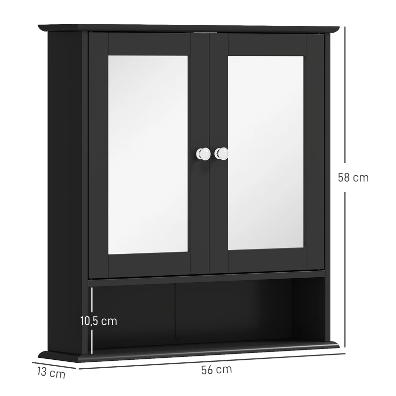 kleankin Armario de Baño con Espejo Armario de Pared con 2 Puertas Estante Abierto Estante Ajustable 56x13x58cm Negro