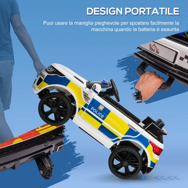 HOMCOM Macchina Elettrica per Bambini della Polizia, 12V Auto Elettrica per Bambini con Telecomando, Sirena Luci Attacco USB per Musica, 110x68x52cm, Bianco