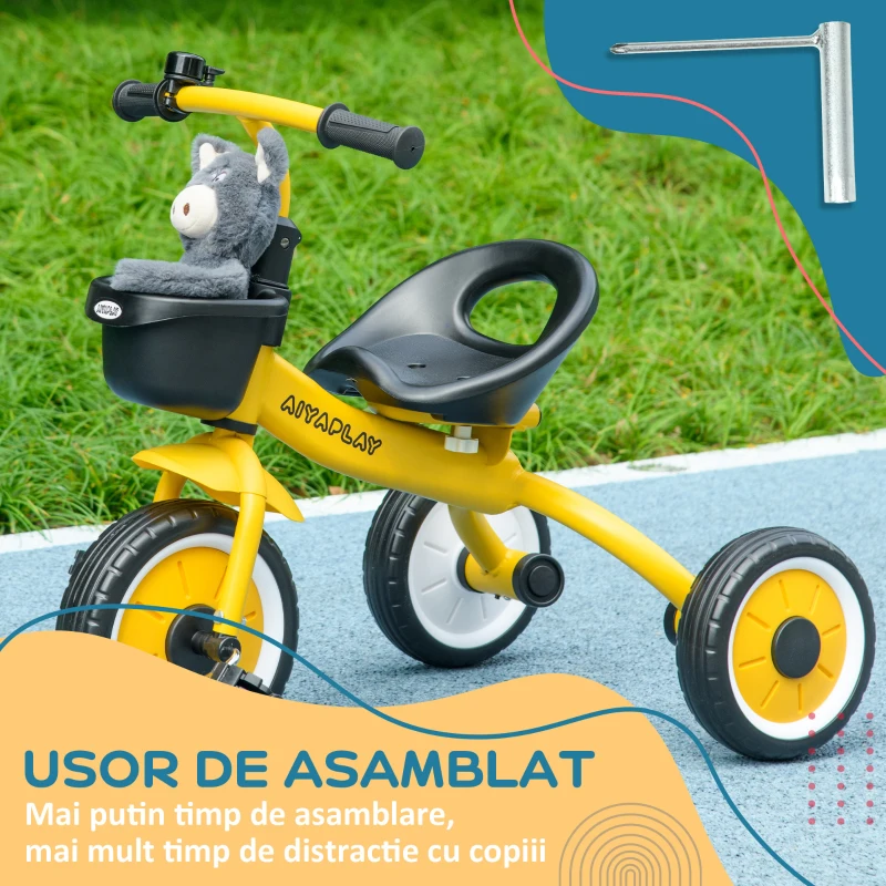 AIYAPLAY Triciclo per Bambini da 2-5 Anni con Seduta Regolabile e Campanello, 70.5x50x58cm, Giallo