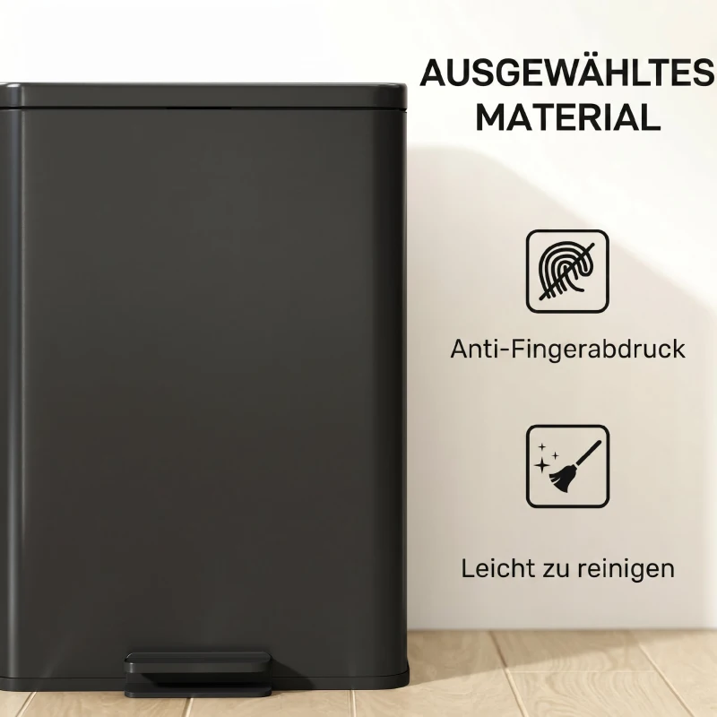 HOMCOM Pedaalemmer 20 liter met softclose-deksel, pedaal en uitneembare binnenemmer, matzwart, 34,2 x 30,6 x 44,2 cm