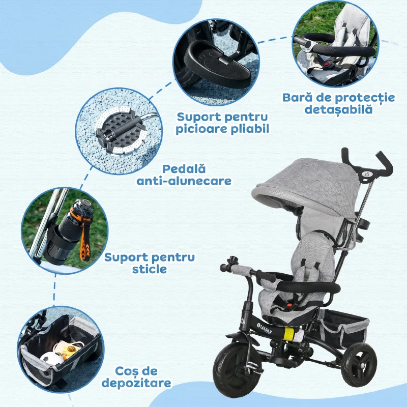 HOMCOM Triciclu pentru Copii cu Mâner 6 în 1, Acoperiș Reglabil și Centură de Siguranță, Vârsta 1-5 Ani, Gri