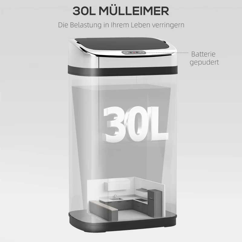 HOMCOM vuilnisemmer rvs automatische sensor 30 l afvalemmer IR-sensor (vierkant) 30 l/ vierkant met/zonder binnenemmer rond vierkant 30 l / 50 l (30 l/vierkant)(m-4)