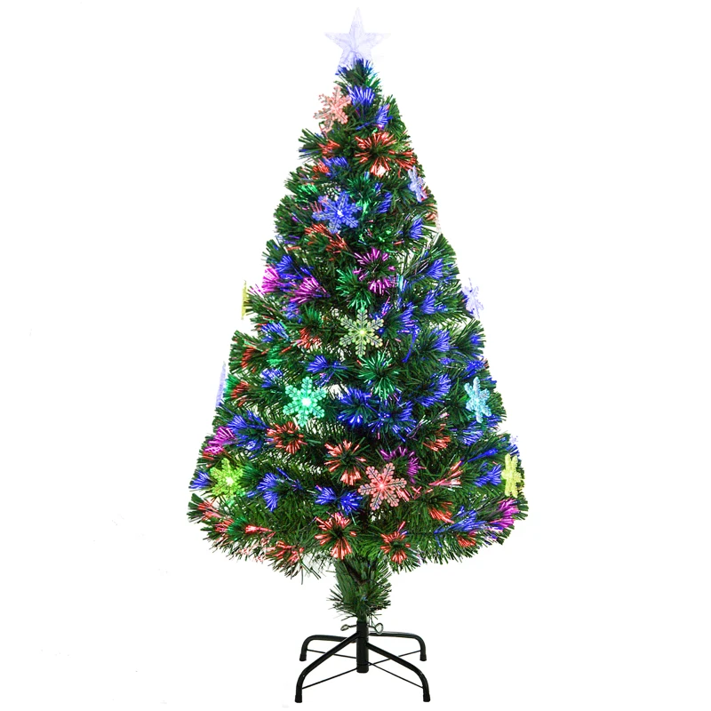 HOMCOM 4FT Green Fibre Optic Artificial Christmas Tree Xmas Colourful LED Scattered Tree with Snowflakes Ornaments Fireproofing