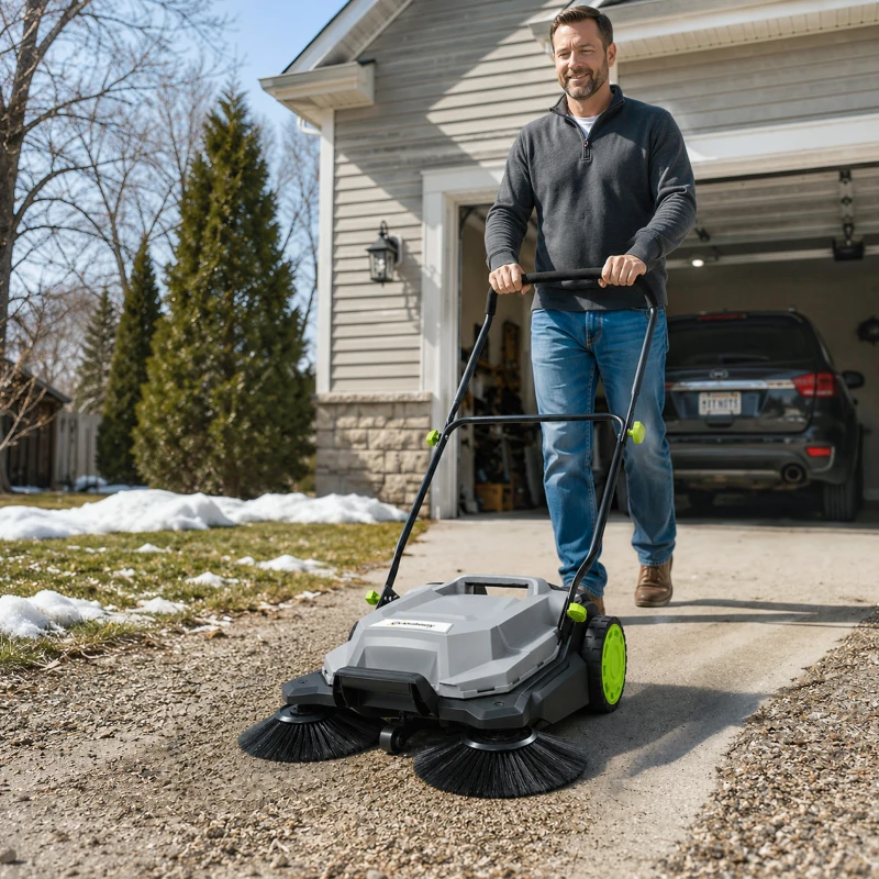 Outsunny Handmatige veegmachine met 68 cm veegbreedte, 24 L opvangbak, verstelbare inklapbare handgreep en 3-borstelsysteem