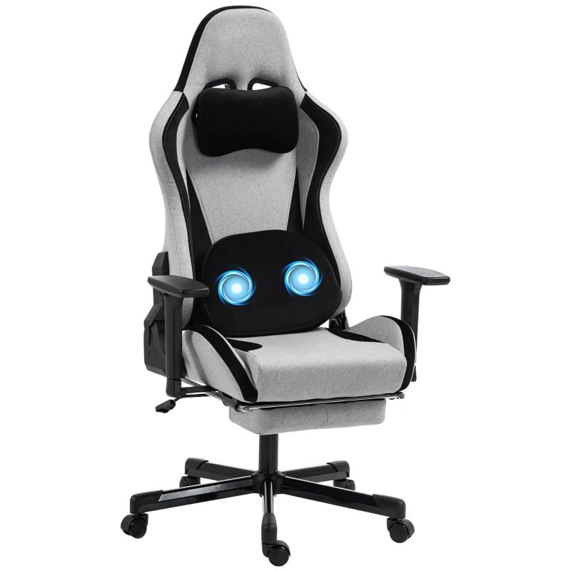 HOMCOM Ergonomischer Gaming-Stuhl mit Beheizter Massage, Fußstütze, Stoff, Grau